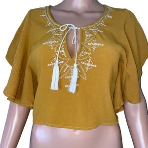 Tobi brand blouse mustard yellow embroidered cropped flowy sleeve flutter SZ SM